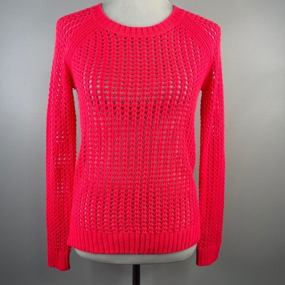 ANA A New Approach Sweaters - ANA A New Approach Womens Neon Pink Open Knit Crochet‎ Sweater Long Sleeve Small